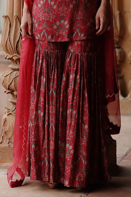 Megha Pitti_Red Dupion Silk Printed Floral Round High Neck Kurta Sharara Set _Online_at_Aza_Fashions