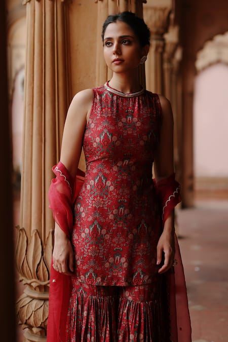 Shop_Megha Pitti_Red Dupion Silk Printed Floral Round High Neck Kurta Sharara Set _Online_at_Aza_Fashions