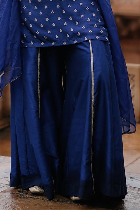 Buy Megha Pitti Blue Silk, Denim Embroidery, Sequins, Lace Floral Print Short Kurta Sharara Set Online at Aza Fashions Buy_Megha Pitti_Blue Silk, Denim Embroidery, Sequins, Lace Floral Print Short Kurta Sharara Set _Online_at_Aza_Fashions