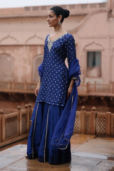 Shop Megha Pitti Blue Silk, Denim Embroidery, Sequins, Lace Floral Print Short Kurta Sharara Set Online at Aza Fashions Shop_Megha Pitti_Blue Silk, Denim Embroidery, Sequins, Lace Floral Print Short Kurta Sharara Set _Online_at_Aza_Fashions