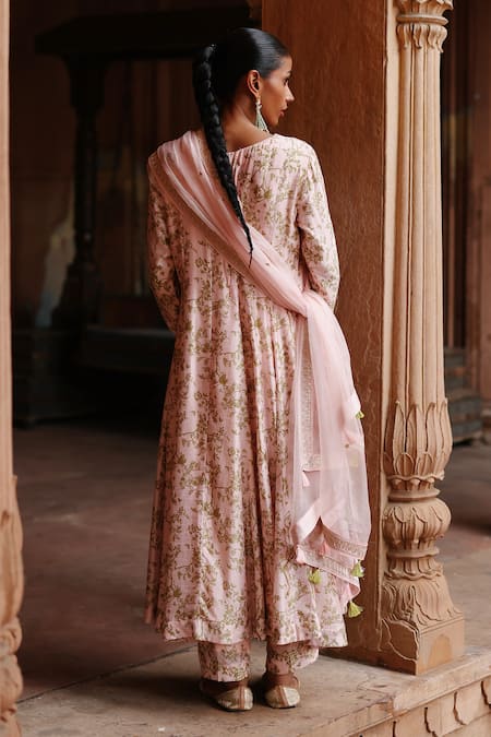 Shop_Megha Pitti_Pink Silk Embroidery Split V-neck Floral Print Anarkali Palazzo Set _at_Aza_Fashions