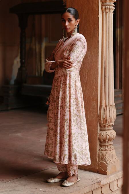 Buy_Megha Pitti_Pink Silk Embroidery Split V-neck Floral Print Anarkali Palazzo Set _Online_at_Aza_Fashions