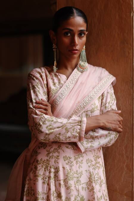 Shop_Megha Pitti_Pink Silk Embroidery Split V-neck Floral Print Anarkali Palazzo Set _Online_at_Aza_Fashions