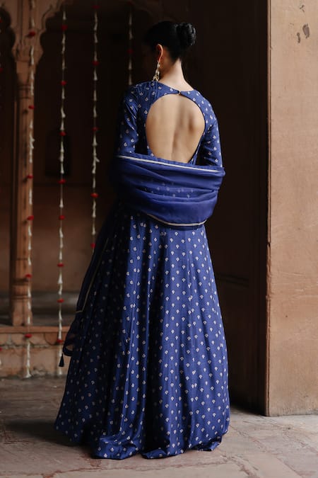 Shop Megha Pitti Blue Denim, Silk Embroidery Boat Neck Flower Print Anarkali With Dupatta at Aza Fashions Shop_Megha Pitti_Blue Denim, Silk Embroidery Boat Neck Flower Print Anarkali With Dupatta _at_Aza_Fashions