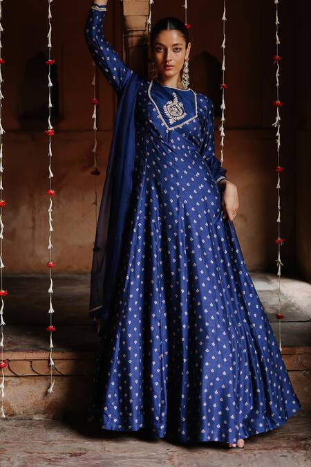 Buy Megha Pitti Blue Denim, Silk Embroidery Boat Neck Flower Print Anarkali With Dupatta Online at Aza Fashions Buy_Megha Pitti_Blue Denim, Silk Embroidery Boat Neck Flower Print Anarkali With Dupatta _Online_at_Aza_Fashions