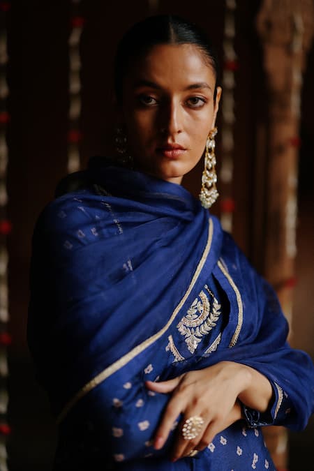 Shop Megha Pitti Blue Denim, Silk Embroidery Boat Neck Flower Print Anarkali With Dupatta Online at Aza Fashions Shop_Megha Pitti_Blue Denim, Silk Embroidery Boat Neck Flower Print Anarkali With Dupatta _Online_at_Aza_Fashions