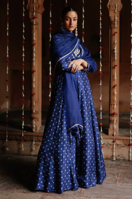 Megha Pitti Blue Denim, Silk Embroidery Boat Neck Flower Print Anarkali With Dupatta at Aza Fashions Megha Pitti_Blue Denim, Silk Embroidery Boat Neck Flower Print Anarkali With Dupatta _at_Aza_Fashions