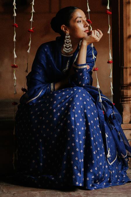 Buy Megha Pitti Blue Denim, Silk Embroidery Boat Neck Flower Print Anarkali With Dupatta Buy_Megha Pitti_Blue Denim, Silk Embroidery Boat Neck Flower Print Anarkali With Dupatta