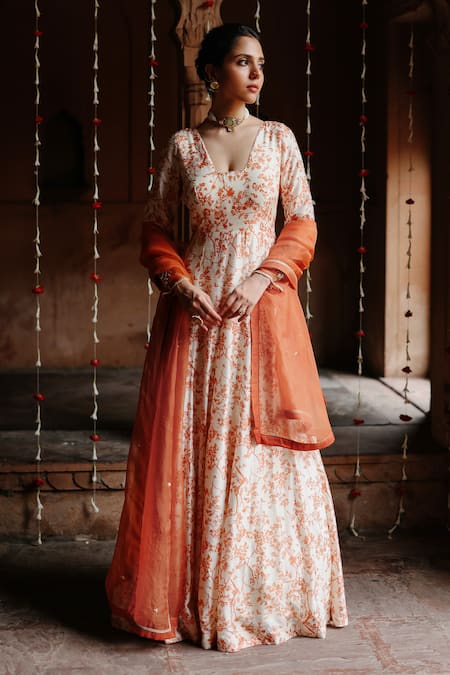 Megha Pitti Floral Vine Print Anarkali With Dupatta 