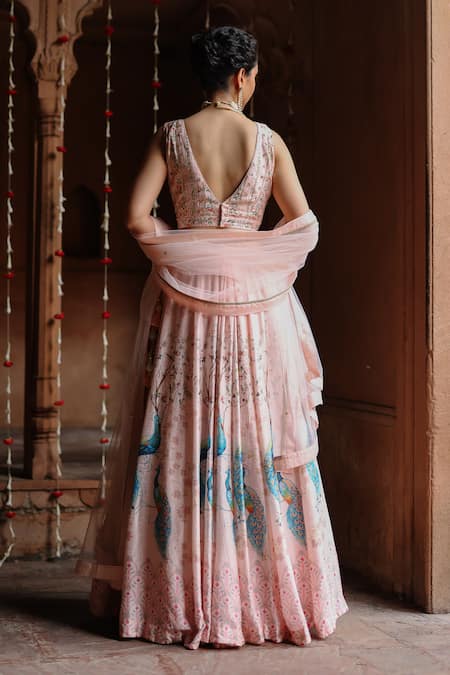 Shop_Megha Pitti_Pink Silk, Net Sequins, Embroidery V-neck Botanical Print Lehenga Set _at_Aza_Fashions