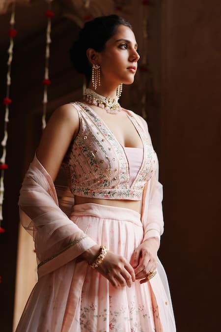 Megha Pitti_Pink Silk, Net Sequins, Embroidery V-neck Botanical Print Lehenga Set _Online_at_Aza_Fashions