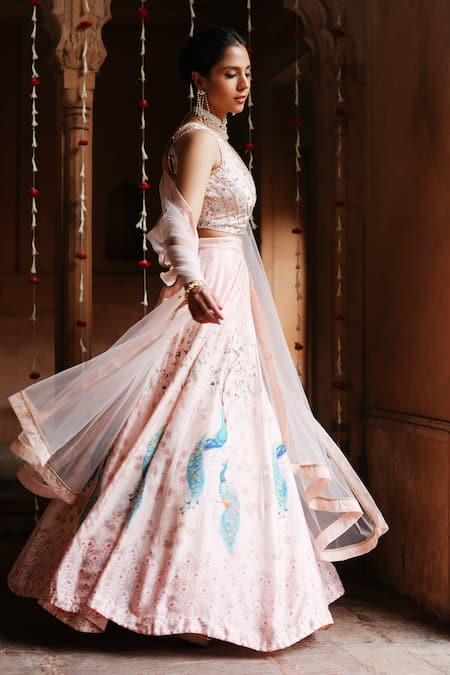 Shop_Megha Pitti_Pink Silk, Net Sequins, Embroidery V-neck Botanical Print Lehenga Set _Online_at_Aza_Fashions