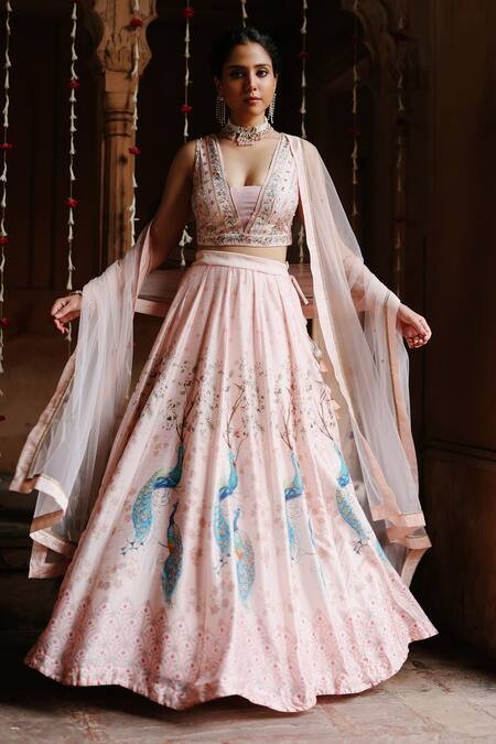 Megha Pitti_Pink Silk, Net Sequins, Embroidery V-neck Botanical Print Lehenga Set _at_Aza_Fashions