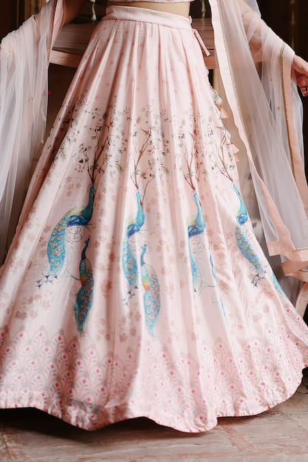 Buy_Megha Pitti_Pink Silk, Net Sequins, Embroidery V-neck Botanical Print Lehenga Set 