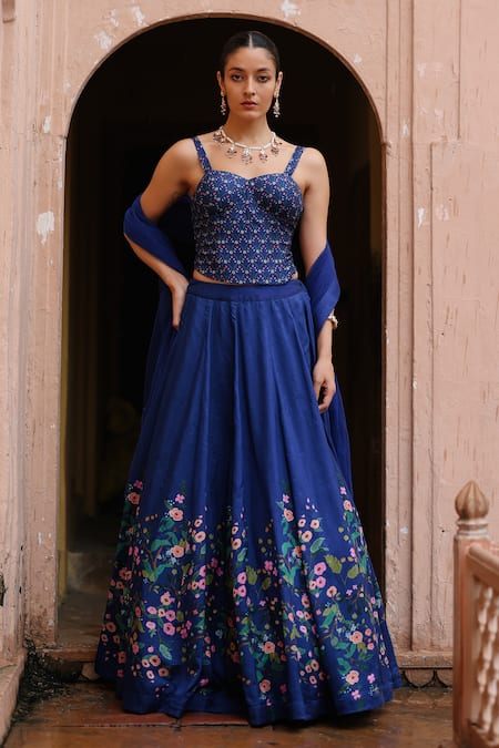 Megha Pitti Blue Dupion Silk Printed Floral Sweetheart Neck Lehenga Corset Set 