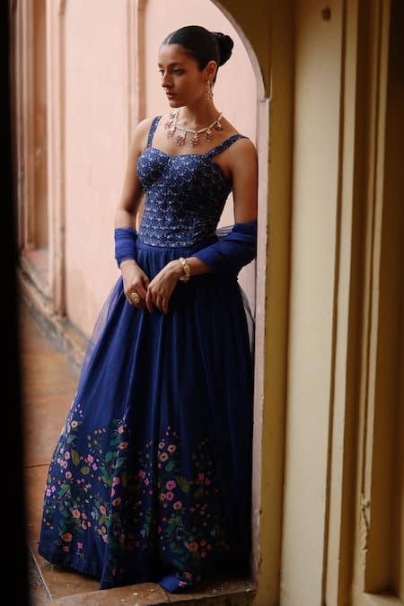 Megha Pitti_Blue Denim, Silk Embroidery Sweetheart Neck Floral Print Lehenga Corset Set _Online_at_Aza_Fashions