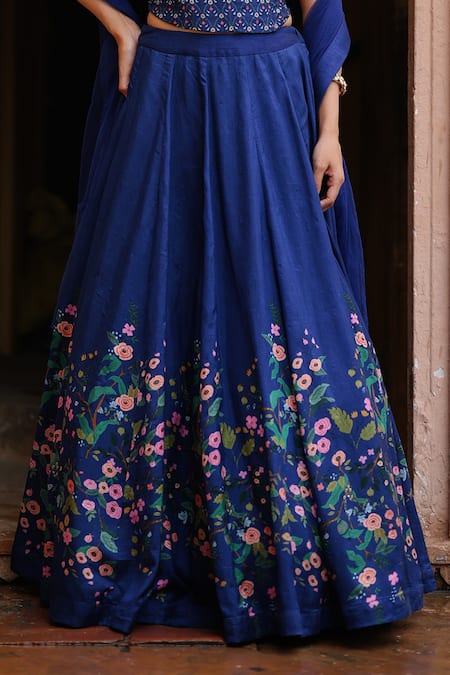 Shop_Megha Pitti_Blue Denim, Silk Embroidery Sweetheart Neck Floral Print Lehenga Corset Set _Online_at_Aza_Fashions