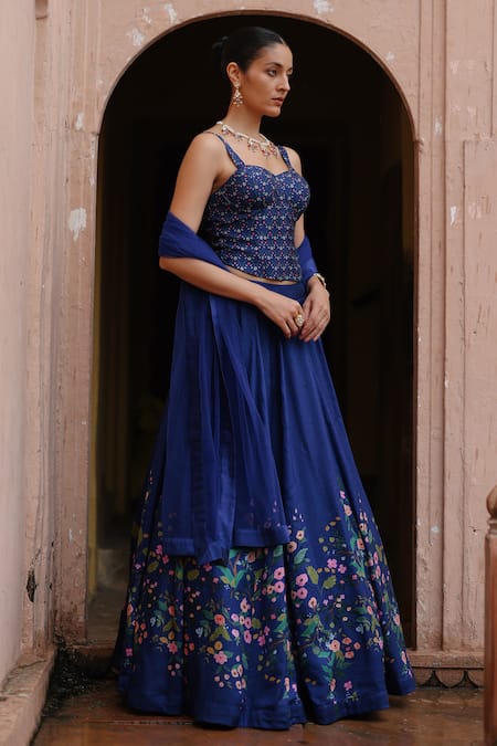 Megha Pitti_Blue Denim, Silk Embroidery Sweetheart Neck Floral Print Lehenga Corset Set _at_Aza_Fashions