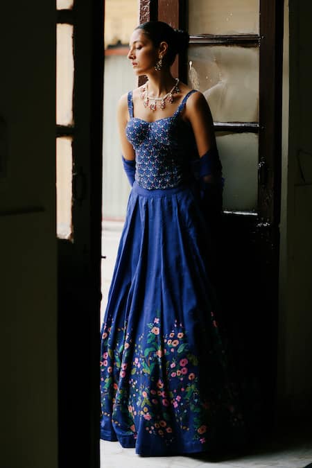 Buy_Megha Pitti_Blue Denim, Silk Embroidery Sweetheart Neck Floral Print Lehenga Corset Set 