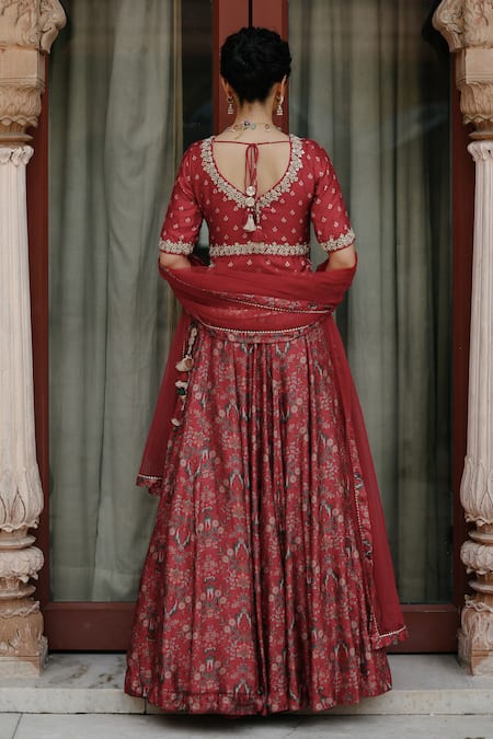 Shop_Megha Pitti_Red Silk, Chiffon Sequins, Embroidery Asymmetric Floral Print Top Lehenga Set _at_Aza_Fashions