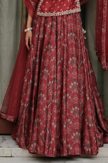 Megha Pitti_Red Silk, Chiffon Sequins, Embroidery Asymmetric Floral Print Top Lehenga Set _Online_at_Aza_Fashions