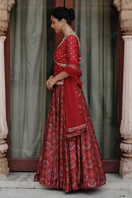 Buy_Megha Pitti_Red Silk, Chiffon Sequins, Embroidery Asymmetric Floral Print Top Lehenga Set _Online_at_Aza_Fashions