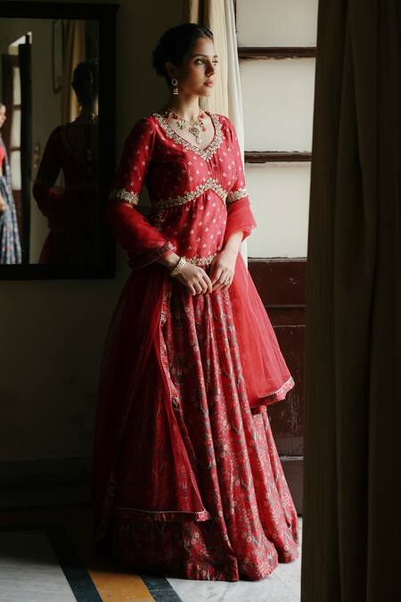 Shop_Megha Pitti_Red Silk, Chiffon Sequins, Embroidery Asymmetric Floral Print Top Lehenga Set _Online_at_Aza_Fashions