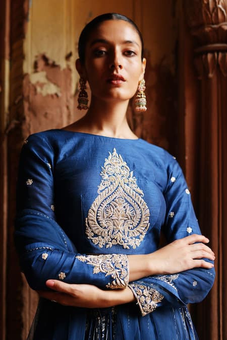 Megha Pitti_Blue Denim, Silk Embroidery, Sequins, Zari Boat Floral Print Pleated Lehenga Set _Online_at_Aza_Fashions