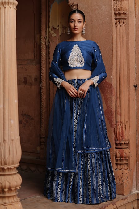 Buy_Megha Pitti_Blue Denim, Silk Embroidery, Sequins, Zari Boat Floral Print Pleated Lehenga Set _Online_at_Aza_Fashions