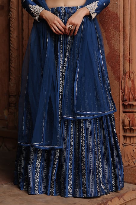 Shop_Megha Pitti_Blue Denim, Silk Embroidery, Sequins, Zari Boat Floral Print Pleated Lehenga Set _Online_at_Aza_Fashions