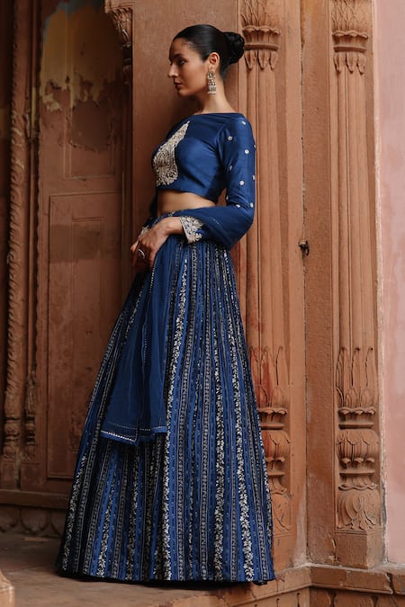 Megha Pitti_Blue Denim, Silk Embroidery, Sequins, Zari Boat Floral Print Pleated Lehenga Set _at_Aza_Fashions