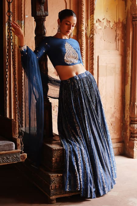 Buy_Megha Pitti_Blue Denim, Silk Embroidery, Sequins, Zari Boat Floral Print Pleated Lehenga Set 