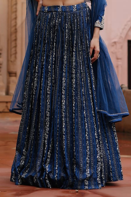 Shop_Megha Pitti_Blue Denim, Silk Embroidery, Sequins, Zari Boat Floral Print Pleated Lehenga Set 