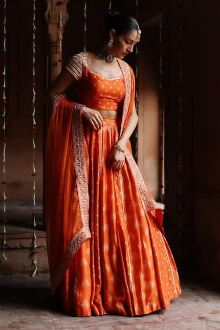 Buy_Megha Pitti_Orange Silk Lace, Sequins Sweetheart Neck Bloom Print Lehenga Set _Online_at_Aza_Fashions