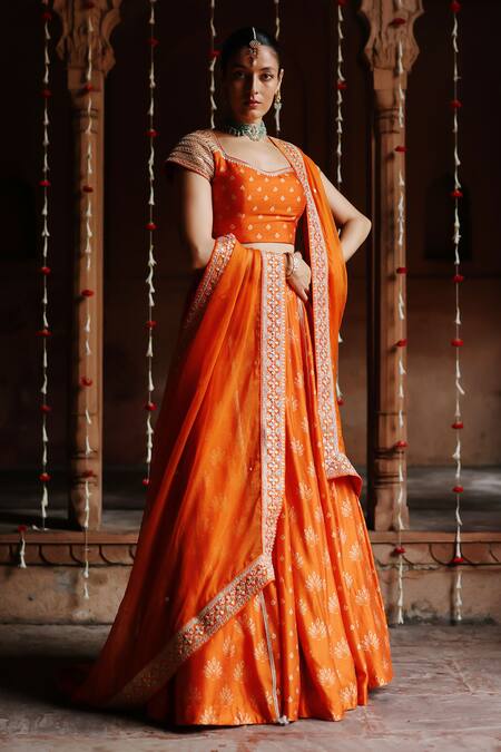Shop_Megha Pitti_Orange Silk Lace, Sequins Sweetheart Neck Bloom Print Lehenga Set _Online_at_Aza_Fashions