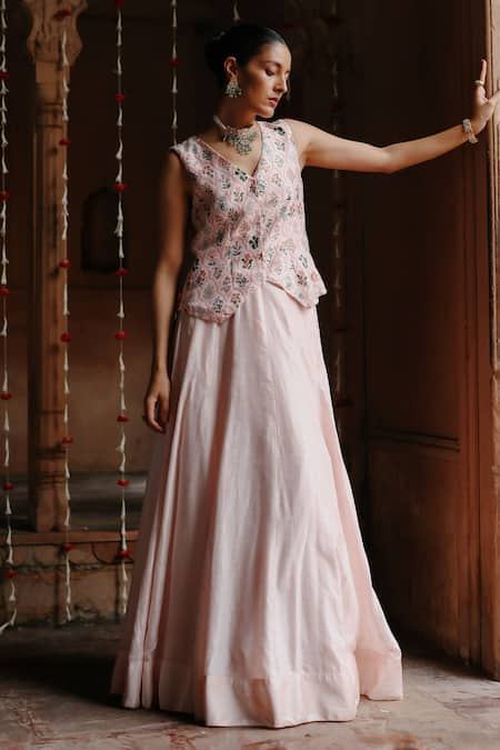 Megha Pitti Pink Dupion Silk Printed Mughal Floral V Neck Waistcoat And Skirt Set 