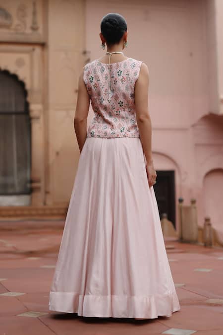 Shop Megha Pitti Pink Silk, Cotton Embroidery V-neck Mughal Floral Print Waistcoat And Skirt Set at Aza Fashions Shop_Megha Pitti_Pink Silk, Cotton Embroidery V-neck Mughal Floral Print Waistcoat And Skirt Set _at_Aza_Fashions