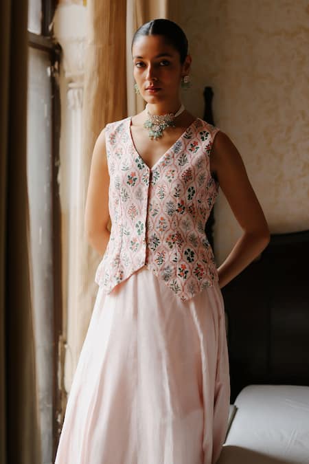 Megha Pitti Pink Silk, Cotton Embroidery V-neck Mughal Floral Print Waistcoat And Skirt Set Online at Aza Fashions Megha Pitti_Pink Silk, Cotton Embroidery V-neck Mughal Floral Print Waistcoat And Skirt Set _Online_at_Aza_Fashions