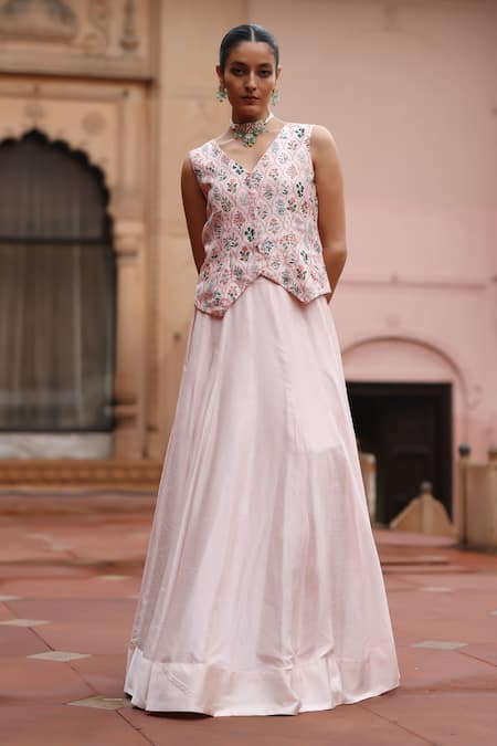 Buy Megha Pitti Pink Silk, Cotton Embroidery V-neck Mughal Floral Print Waistcoat And Skirt Set Online at Aza Fashions Buy_Megha Pitti_Pink Silk, Cotton Embroidery V-neck Mughal Floral Print Waistcoat And Skirt Set _Online_at_Aza_Fashions