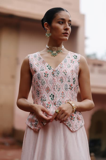 Shop Megha Pitti Pink Silk, Cotton Embroidery V-neck Mughal Floral Print Waistcoat And Skirt Set Online at Aza Fashions Shop_Megha Pitti_Pink Silk, Cotton Embroidery V-neck Mughal Floral Print Waistcoat And Skirt Set _Online_at_Aza_Fashions