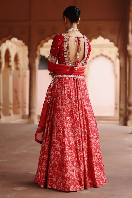Shop_Megha Pitti_Red Silk Zari, Sequins, Diamonds, Embroidery V-neck Bloom Print Lehenga Set _at_Aza_Fashions