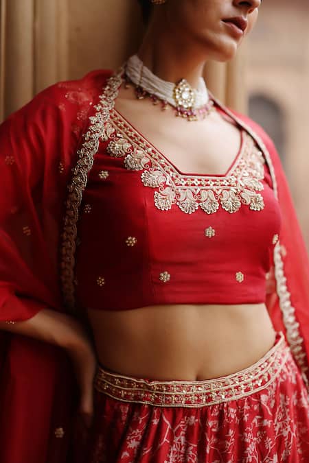 Megha Pitti_Red Silk Zari, Sequins, Diamonds, Embroidery V-neck Bloom Print Lehenga Set _Online_at_Aza_Fashions