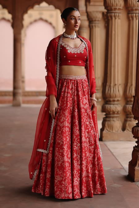 Buy_Megha Pitti_Red Silk Zari, Sequins, Diamonds, Embroidery V-neck Bloom Print Lehenga Set _Online_at_Aza_Fashions