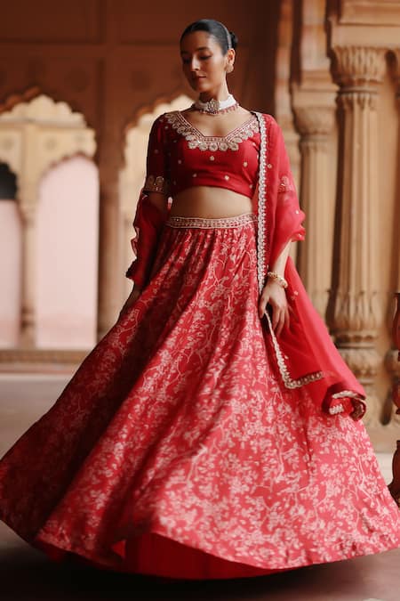 Shop_Megha Pitti_Red Silk Zari, Sequins, Diamonds, Embroidery V-neck Bloom Print Lehenga Set _Online_at_Aza_Fashions