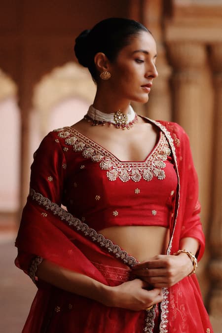 Megha Pitti_Red Silk Zari, Sequins, Diamonds, Embroidery V-neck Bloom Print Lehenga Set _at_Aza_Fashions