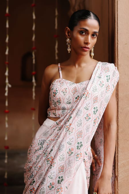 Buy_Megha Pitti_Pink Silk Printed Pre-stitched Saree With Blouse Piece _Online_at_Aza_Fashions