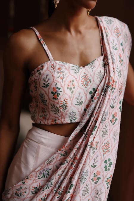 Shop_Megha Pitti_Pink Silk Printed Pre-stitched Saree With Blouse Piece _Online_at_Aza_Fashions