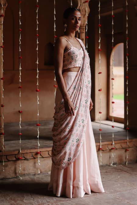 Megha Pitti_Pink Silk Printed Pre-stitched Saree With Blouse Piece _at_Aza_Fashions
