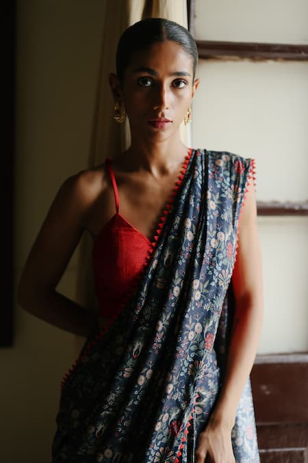 Megha Pitti_Blue Denim, Silk Floral Print Pre-stitched Saree With Blouse Piece _Online_at_Aza_Fashions