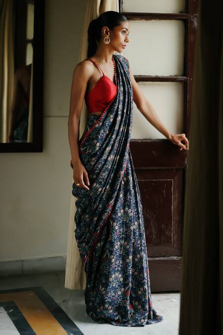 Buy_Megha Pitti_Blue Denim, Silk Floral Print Pre-stitched Saree With Blouse Piece _Online_at_Aza_Fashions